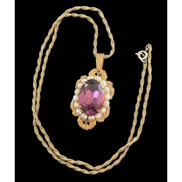 Rare Antique Signed Miriam Haskell Necklace Estate Amethyst Pearl Pendant Chain - Picture 1 of 16